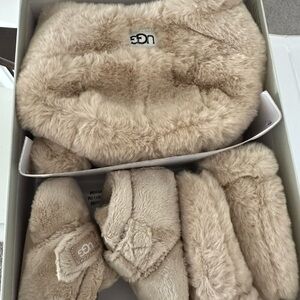UGG Tan Furry Slippers, Mittens and Hat Set